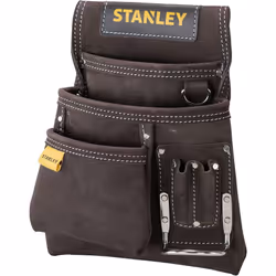 STANLEY Leather Tool Pouch, Double Pocket Storage Organiser, Hammer Loop, STST1-80114, Dark Brown