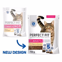 Perfect Fit Adult 1+ Complete Dry Cat Food for Adult Cats Aged 1+ Years, Rich in Chicken, 4 Bags (750 g)