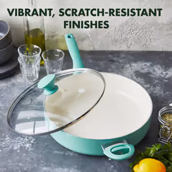 GreenPan Rio Healthy Ceramic Nonstick 5QT Saute Pan Jumbo Cooker with Helper Handle and Lid  PFAS-Free  Dishwasher Safe  Turquoise