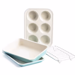 Bakeware Healthy Ceramic Nonstick Toaster Oven Mini 4 Piece Baking Set, Includes 6-Cup Muffin Tin, Rectangular Cake Tin, Baki ...