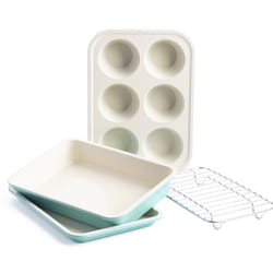 Bakeware Healthy Ceramic Nonstick Toaster Oven Mini 4 Piece Baking Set, Includes 6-Cup Muffin Tin, Rectangular Cake Tin, Baking Tray & Cooling Rack,