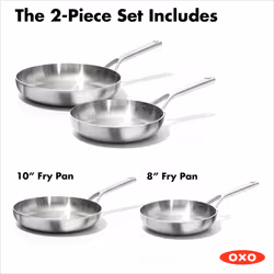 OXO Mira Tri-Ply Stainless Steel  8"""" and 10"""" Frying Pan Skillet Set  Induction  Multi Clad  Dishwasher and Metal Utensil Safe Black