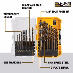 DEWALT Drill Bit Set  21-Piece  135 Degree Split Point  31 Degree Helix  Black Oxide Coated  For Plastic  Wood and Metal DWA1181
