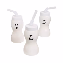 Fun Express Set of 12 Pieces Ghost Shape Cups with Straw for Halloween Holds 8 oz BPA Free Plastic Kids Party Supplies Wh ...