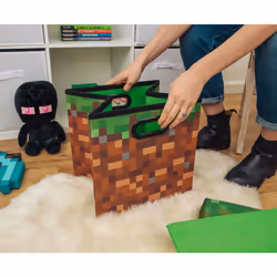 MINECRAFT Grassy Block 13-Inch Storage Bin Chest With Lid | Foldable Fabric Basket Container  Cube Organizer With Handles  Cubby For Shelves  Closet |