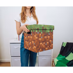 MINECRAFT Grassy Block 13-Inch Storage Bin Chest With Lid | Foldable Fabric Basket Container  Cube Organizer With Handles  Cubby For Shelves  Closet |