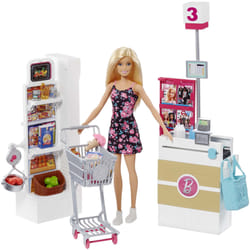 Mattel Games Barbie Doll and Supermarket Playset with 25 Grocery Store and Food-Themed Accessories