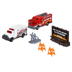 Matchbox Hitch & Haul Die-cast Vehicle Playset - Fire Rescue ~ 6 Piece Set ~ Hazmat Response Truck and Ambulance ~ Includes Firefighters  Billboard Si