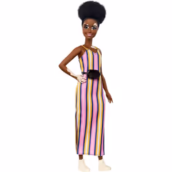 Barbie GHW51 Fashionistas Doll with Vitiligo and Curly Brunette Hair Wearing Striped Dress and Accessories