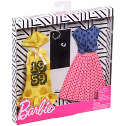 Barbie Clothes -2 Outfits Doll Feature Polka Dots on a Yellow Hoodie Dress  a Blue Top and Pink Skirt  Plus 2 Accessories  Gift for 3 to 8 Y