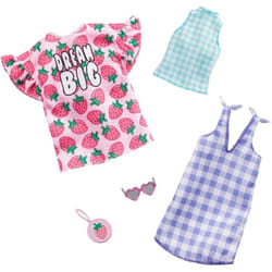 Barbie Clothes  2 Outfits Doll Include a Strawberry-Print Dress  a Checked Dress and Top  Plus a Strawberry-Decorated Purse and Heart-Shaped Sunglasse