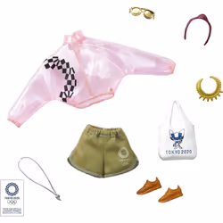 Barbie Storytelling Fashion Pack of Doll Clothes Inspired by The Olympic Games Tokyo 2020: Pink Transparent Jacket Shorts an ...