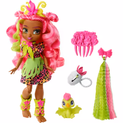 Mattel Cave Club Fernessa Doll 8-10-inch  Pink Hair Poseable Prehistoric Fashion Doll with Dinosaur Pet and Accessories  Gift ...