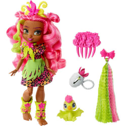Mattel Cave Club Fernessa Doll 8-10-inch  Pink Hair Poseable Prehistoric Fashion Doll with Dinosaur Pet and Accessories  Gift for 4 Year Olds and Up