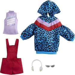 Barbie Fashions 2-Pack Clothing Set  2 Outfits Doll Include Animal-Print Hoodie Dress  Graphic Top  Red Overalls & 2 Accessories  Guft for Kids 3 to 8