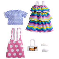 Barbie Fashions 2-Pack Clothing Set 2 Outfits Doll Include Pink Polka-Dot Jumper Purple Polka-Dot Top Striped Dress & 2 Ac ...