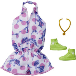 Barbie Doll Clothes Inspired by Jurassic World: Dominion  Complete Look  2 Accessories  Shorts Romper with Pink Polka Dot & Dinosaur Print  Lime Green