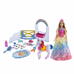Barbie Dreamtopia This playset comes with a princess doll, a pet unicorn toy with colour-change features and 18 toy accessories. For ages 3+. - Additional view 6