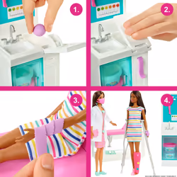 Barbie The Fast Cast Clinic playset comes with a brunette doll, 30+ play pieces, four play areas, cast-making features and mo ...