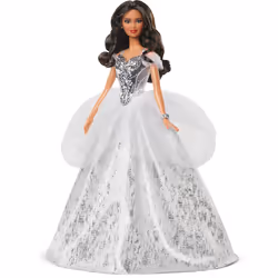 Barbie Signature 2021 Holiday Doll (12-inch Brunette Hair) in Silver Gown with Doll Stand and Certificate of Authenticity ...