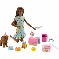 Barbie Puppy Party Doll and Playset Brunette Doll with Sunflower Dres