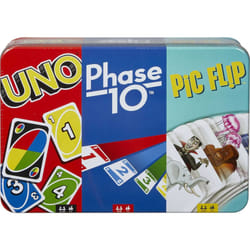 Mattel Games UNO  Phase 10 and Pic Flip Bundle  3 Mattel Card Games in Decorative Storage Tin  For Kid  Family & Adult Game Night  7 Years & Up