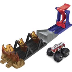 Hot Wheels Monster Trucks Toy Playset with 1:64 Scale Die-Cast 5-Alarm Fire Truck  Fire Through Challenge  Launch Vehicle Over Spinning Flames