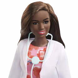Barbie The Doctor Doll wears a print dress and doctor coat, with a stethoscope accessory. Great gift for ages 3+.