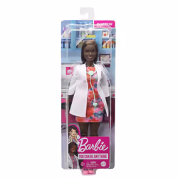 Barbie The Doctor Doll wears a print dress and doctor coat, with a stethoscope accessory. Great gift for ages 3+. - Additional view 6