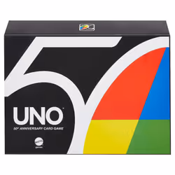 Mattel Games UNO Premium 50th Anniversary Edition Matching Card Game Featuring Commemorative Coin & 112 Cards Game Night Ki ...