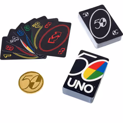 Mattel Games UNO Premium 50th Anniversary Edition Matching Card Game Featuring Commemorative Coin & 112 Cards  Game Night  Kids & Collectors Gift Ages