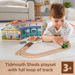 Thomas & Friends Wooden Railway Toy Train Track Tidmouth Sheds Starter Set with Percy Wood Engine for Ages 3+ Years