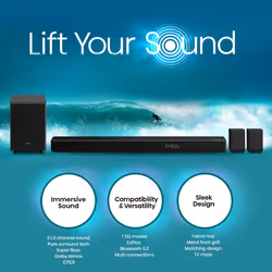 Hisense AX5125H 5.1.2Ch Sound Bar with Wireless Subwoofer  500W  Dolby Atmos  Bluetooth 5.3  EzPlay  4K HDMI Pass Through  Roku TV Ready  DT