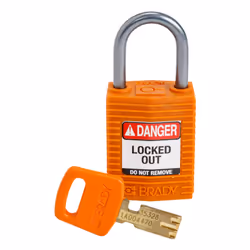 Brady SafeKey, Conventional padlock, Key lock, Keyed to differ, Orange, Nylon, Aluminium