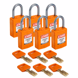 Brady SafeKey, Conventional padlock, Key lock, Keyed to differ, Orange, Nylon, Aluminium
