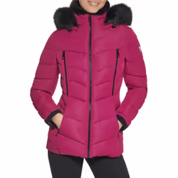 GUESS Women's Cold Weather Hooded Puffer Coat Magenta X-Large