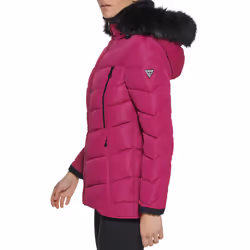 GUESS Women's Cold Weather Hooded Puffer Coat  Magenta  Large