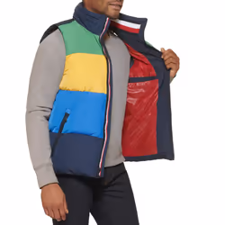 Tommy Hilfiger Men's Quilted Stand Collar Vest  Large  Green/Yellow/Bl