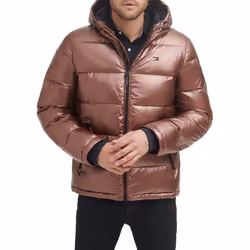 Tommy Hilfiger Men's Hooded Puffer Jacket Pearlized Brown Medium