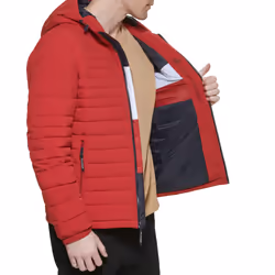 Tommy Hilfiger Men's Stretch Poly Hooded Packable Jacket  Red  Medium