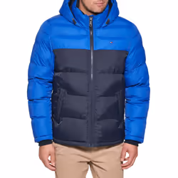 Tommy Hilfiger mens Hooded Puffer Jacket Down Alternative Outerwear coat Royal Blue colorblock 3X-Large US