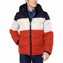 Tommy Hilfiger Mens Hooded Puffer Jacket MidnighticeOrange color Block XX-Large
