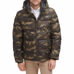 Tommy Hilfiger Men's Hooded Puffer Jacket Olive Camouflage X-Large
