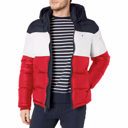 Tommy Hilfiger Mens Big Tall Hooded Puffer Jacket MidnightWhitered Large Tall