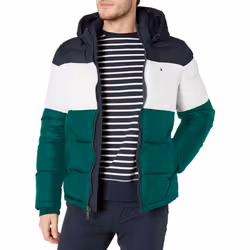 Tommy Hilfiger Men's Hooded Puffer Jacket Green Color Block Small