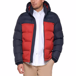 Tommy Hilfiger Men's Hooded Puffer Jacket Midnight/red Color Block X