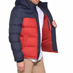 Tommy Hilfiger Men's Hooded Puffer Jacket  Midnight/red Color Block  X