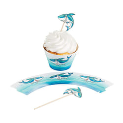 Fun Express - Jawsome Cupcake Collars W/picks 100 for Birthday - Party Supplies - Serveware & Barware - Picks & Stirrers & Parasols - Birthday - 100 P