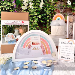 Kate Aspen Boho Baby Shower Guest Book Alternative Rainbow Frame with 30 Wooden Clouds  Frame for Sonogram Picture  Rainbow B ...