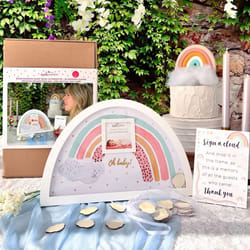 Kate Aspen Boho Baby Shower Guest Book Alternative Rainbow Frame with 30 Wooden Clouds  Frame for Sonogram Picture  Rainbow Baby Shower Decorations &